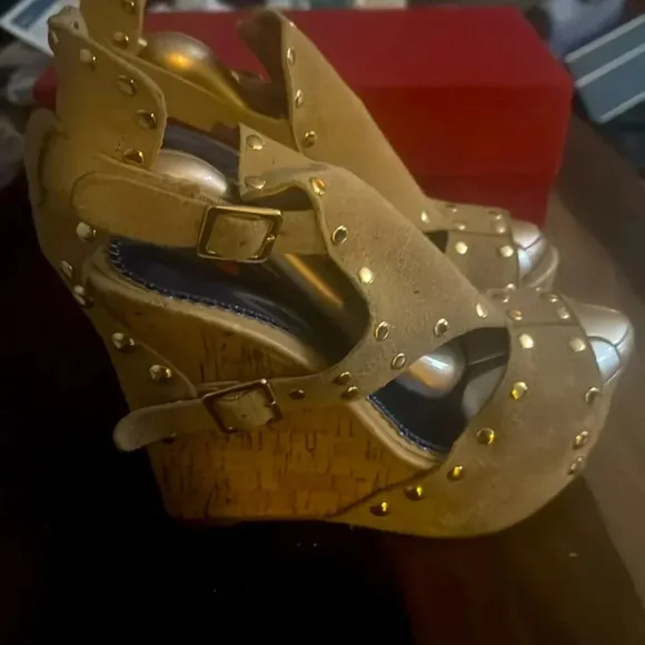 Frenzy Wedge Studded Straps and Gold Sexy wedge heel  Size 8