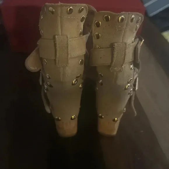 Frenzy Wedge Studded Straps and Gold Sexy wedge heel  Size 8