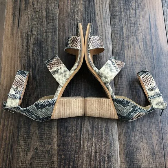 Frye &amp; Co Strappy Leather Block Heel Sandal Neutral Snakeskin Taupe Size 8.5