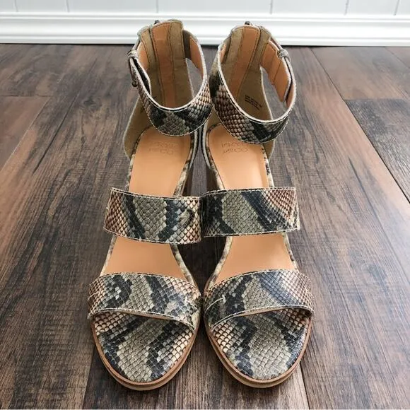 Frye &amp; Co Strappy Leather Block Heel Sandal Neutral Snakeskin Taupe Size 8.5
