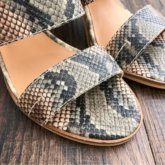 Frye &amp; Co Strappy Leather Block Heel Sandal Neutral Snakeskin Taupe Size 8.5