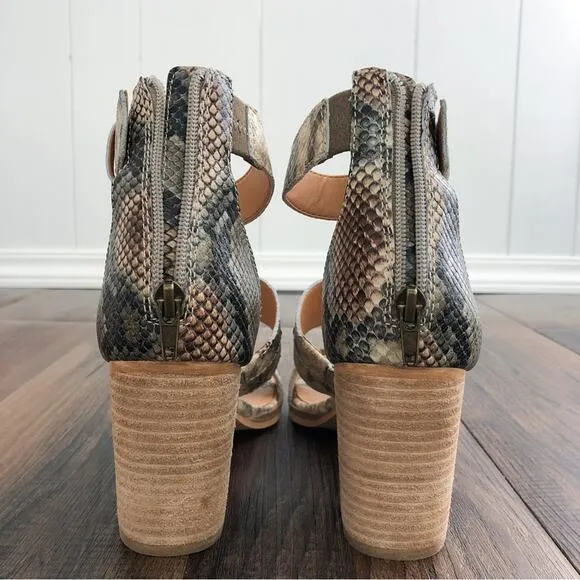 Frye &amp; Co Strappy Leather Block Heel Sandal Neutral Snakeskin Taupe Size 8.5