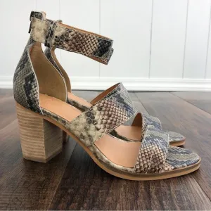 Frye &amp; Co Strappy Leather Block Heel Sandal Neutral Snakeskin Taupe Size 8.5
