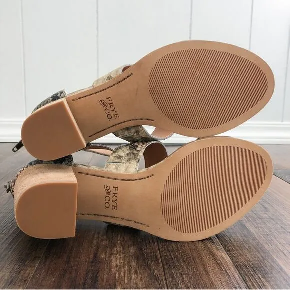 Frye &amp; Co Strappy Leather Block Heel Sandal Neutral Snakeskin Taupe Size 8.5