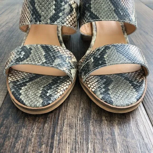 Frye &amp; Co Strappy Leather Block Heel Sandal Neutral Snakeskin Taupe Size 8.5
