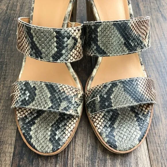 Frye &amp; Co Strappy Leather Block Heel Sandal Neutral Snakeskin Taupe Size 8.5