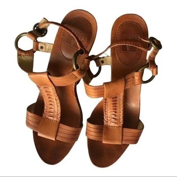 Frye Brown Leather Braylin Artisanal T Strap Cork Wedge Sandals Size 7M