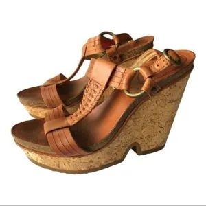 Frye Brown Leather Braylin Artisanal T Strap Cork Wedge Sandals Size 7M
