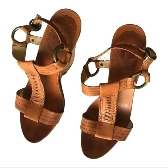 Frye Brown Leather Braylin Artisanal T Strap Cork Wedge Sandals Size 7M