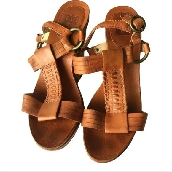 Frye Brown Leather Braylin Artisanal T Strap Cork Wedge Sandals Size 7M