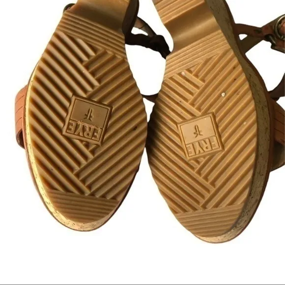 Frye Brown Leather Braylin Artisanal T Strap Cork Wedge Sandals Size 7M