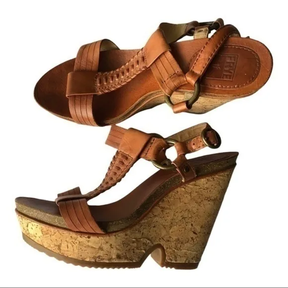 Frye Brown Leather Braylin Artisanal T Strap Cork Wedge Sandals Size 7M