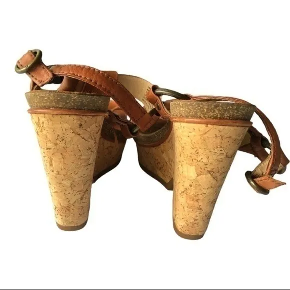 Frye Brown Leather Braylin Artisanal T Strap Cork Wedge Sandals Size 7M
