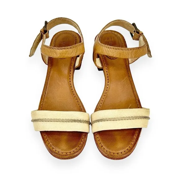 Frye Brown Two Tone Distressed Leather Block Heel Sandals sz 9M