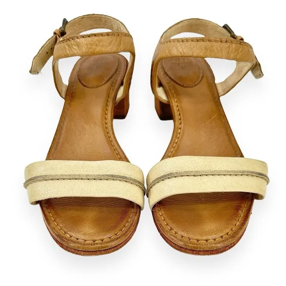 Frye Brown Two Tone Distressed Leather Block Heel Sandals sz 9M