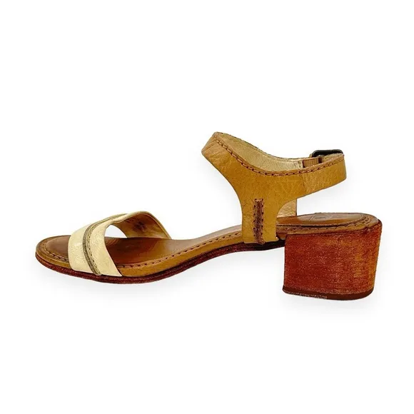 Frye Brown Two Tone Distressed Leather Block Heel Sandals sz 9M
