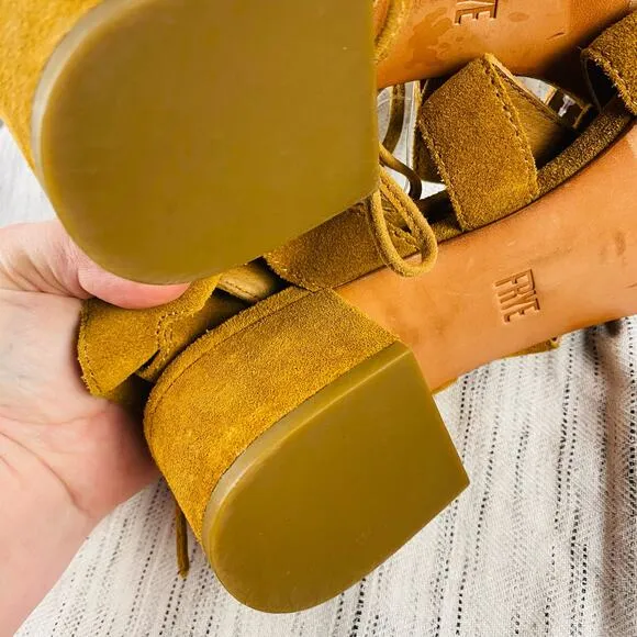Frye Chrissy Side Ghillie Cognac Tan Cognac Suede Lace Up Heeled Sandals Sz 9.5