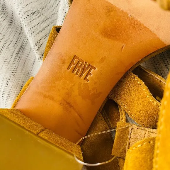 Frye Chrissy Side Ghillie Cognac Tan Cognac Suede Lace Up Heeled Sandals Sz 9.5