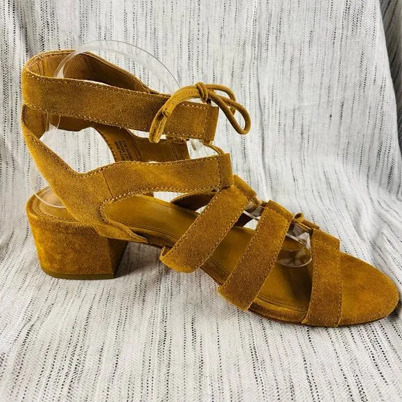 Frye Chrissy Side Ghillie Cognac Tan Cognac Suede Lace Up Heeled Sandals Sz 9.5
