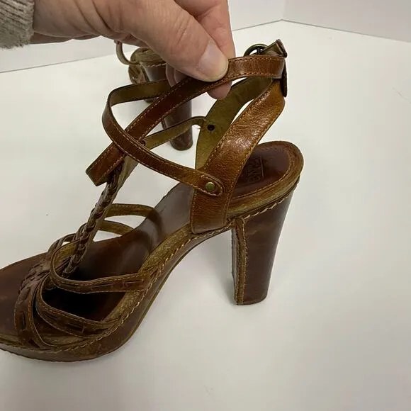 Frye Grace T-Strap Platform Sandals | Size 8M | Brown Leather High Heel