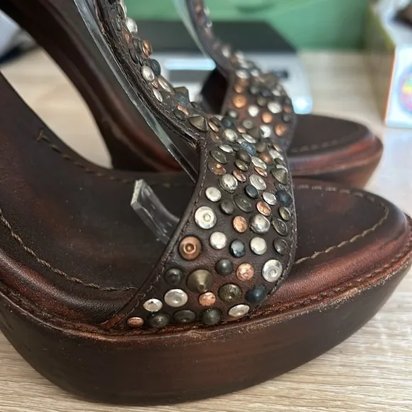 Frye Joy Brown Leather Studded Slingback Sandal Platform Heels - Size 10