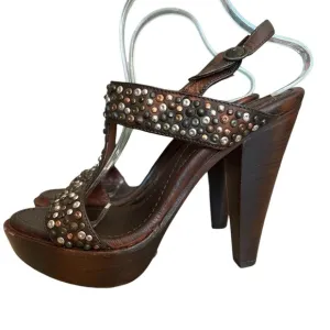 Frye Joy Brown Leather Studded Slingback Sandal Platform Heels - Size 10