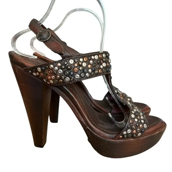 Frye Joy Brown Leather Studded Slingback Sandal Platform Heels - Size 10