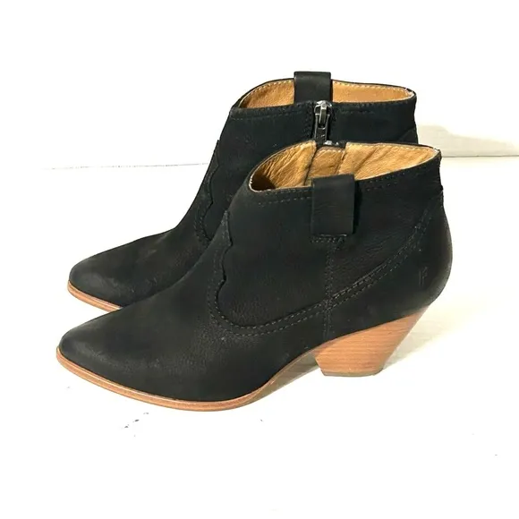 Frye Reina Black Nubuck Suede Block Heel Zip Ankle Bootie Western Size 6.5 M