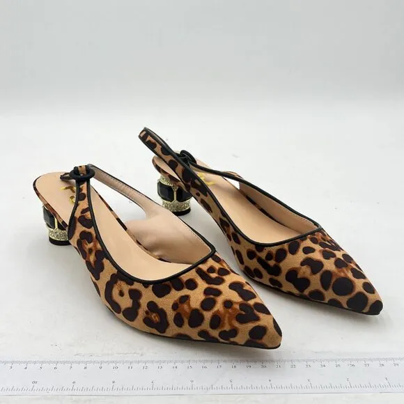 FSJ Leopard Pointed Toe Slingback Wedding Chunky Low Heel Rhinestone Pumps