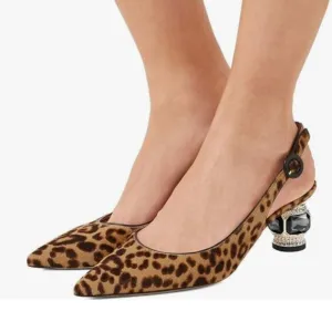 FSJ Leopard Pointed Toe Slingback Wedding Chunky Low Heel Rhinestone Pumps