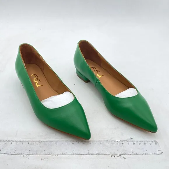FSJ Women Leather Pointed Toe Flat Pumps Low Heel Slip On Dress Shoes  Green