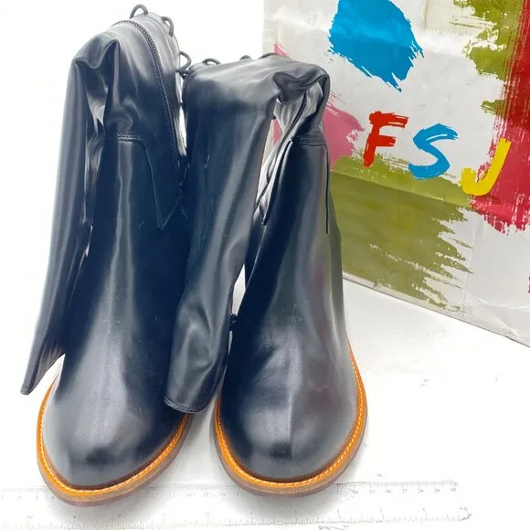 FSJ Women Side Zipper Wedge High Heel Point Toe Fancy Pull On Ladies Boot Black