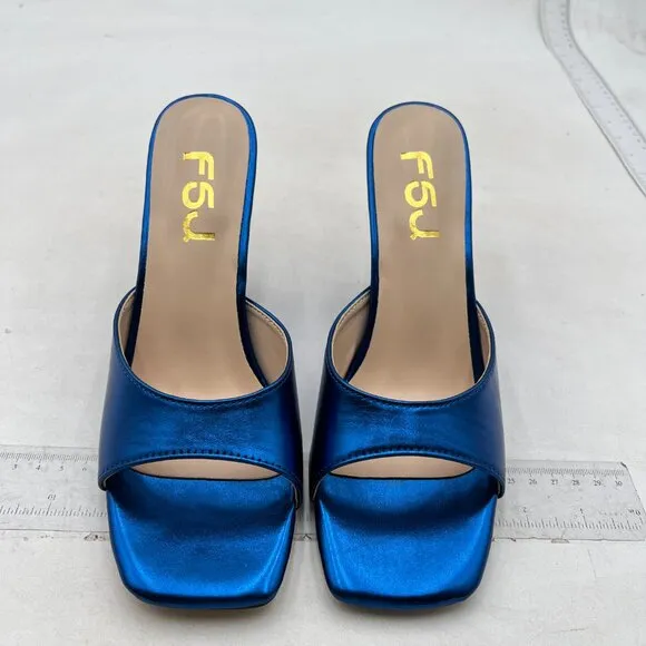 FSJ Women Square Open Toe Wedge Sandals High Heels Mules Slip On Party Shoes