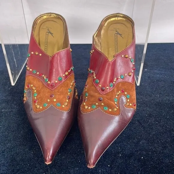G Zanotti Wine Brown Studded Hi Heel Clogs Shoes