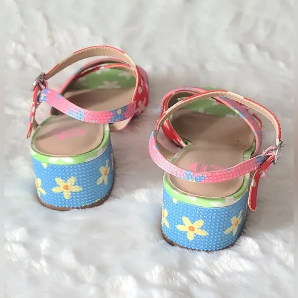 GB Girls - Girl's Multi Colored Flower Ankle-Strap Block Heel Sandals, Sz 4