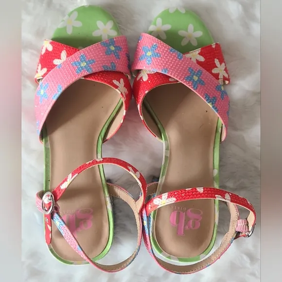GB Girls - Girl's Multi Colored Flower Ankle-Strap Block Heel Sandals, Sz 4