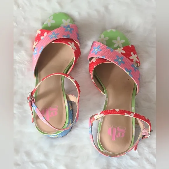GB Girls - Girl's Multi Colored Flower Ankle-Strap Block Heel Sandals, Sz 4