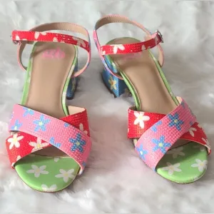 GB Girls - Girl's Multi Colored Flower Ankle-Strap Block Heel Sandals, Sz 4