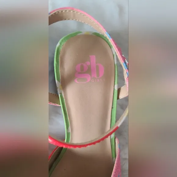 GB Girls - Girl's Multi Colored Flower Ankle-Strap Block Heel Sandals, Sz 4