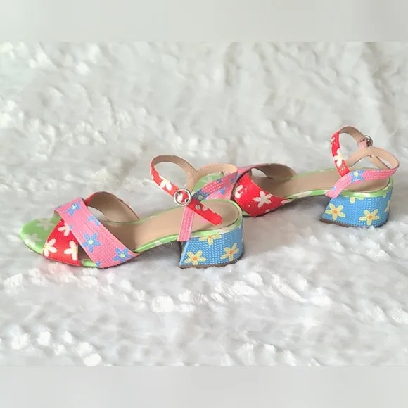 GB Girls - Girl's Multi Colored Flower Ankle-Strap Block Heel Sandals, Sz 4
