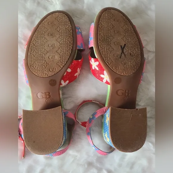 GB Girls - Girl's Multi Colored Flower Ankle-Strap Block Heel Sandals, Sz 4