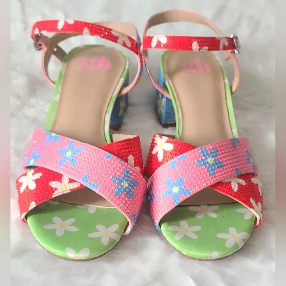 GB Girls - Girl's Multi Colored Flower Ankle-Strap Block Heel Sandals, Sz 4