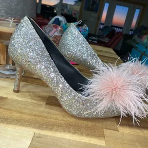 Gently used Kate Spade Marabou Pumps silver and gold glitter with pink feathers