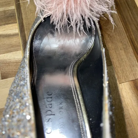 Gently used Kate Spade Marabou Pumps silver and gold glitter with pink feathers