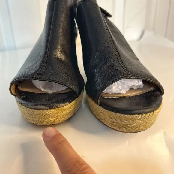 Geox Respira Leather Espadrille Open Toe Peek A Boo Velcro Wedge Sandals