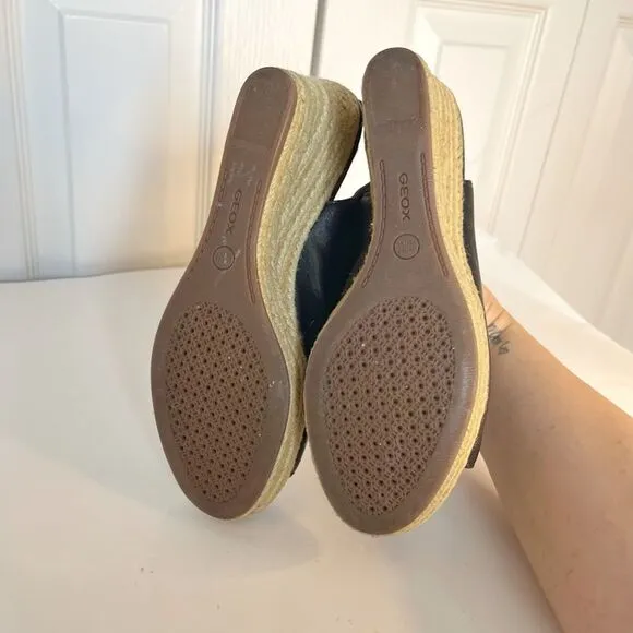 Geox Respira Leather Espadrille Open Toe Peek A Boo Velcro Wedge Sandals