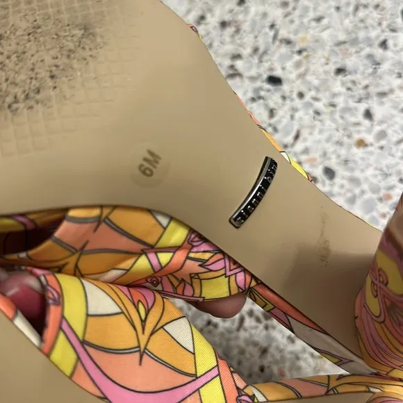 Gianni Bini pink yellow Kelly print Pucci bow sandal heel 6 Dillards