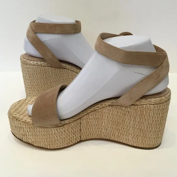 Gianvito Rossi 45mm Suede Raffia Wedge Sandals beige  Size 9.5 US/39.5