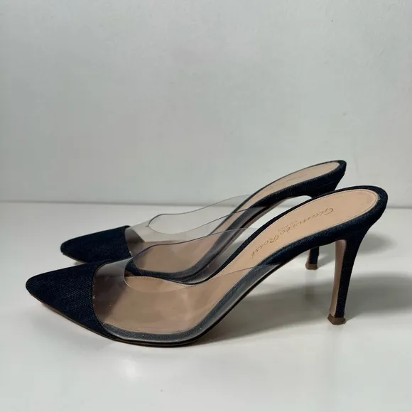 Gianvito Rossi Plexi PVC Denim Illusion 85mm Mule Heel Sandals