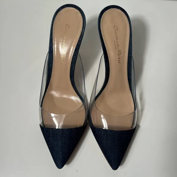 Gianvito Rossi Plexi PVC Denim Illusion 85mm Mule Heel Sandals